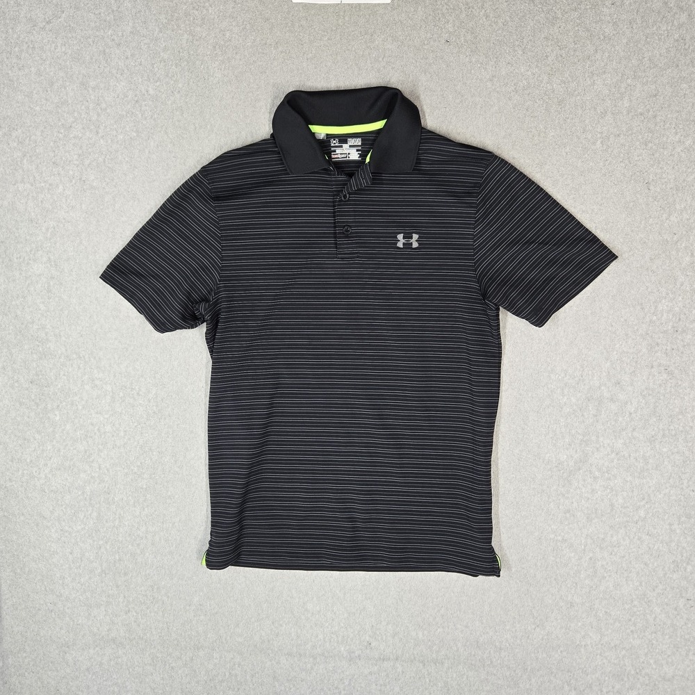 Under Armour Men Polo M Black Striped Logo Heatgear Activewear